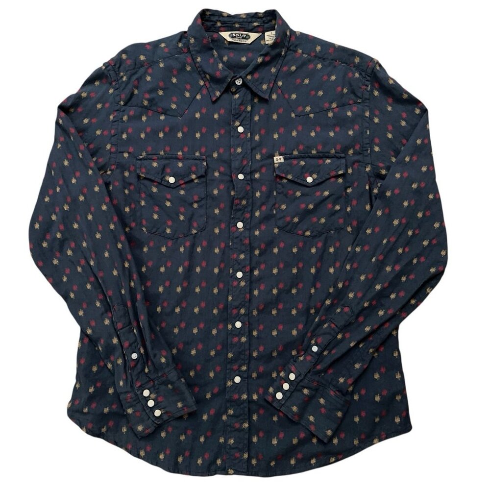 Salt Valley Western Shirt Mens L Long Sleeve Pearl Snap Button Geometric Blue
